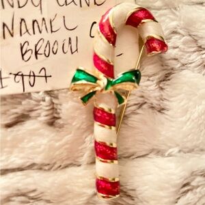 Christmas Candy Cane Enamel Brooch Vintage 1970s